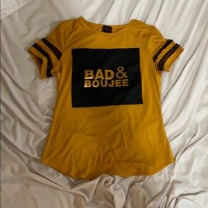 Yellow T-shirt with the word Bad and Boujee on it
